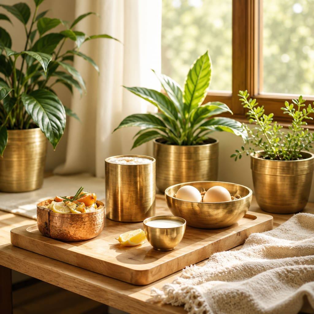 Brass and wood products in home setting